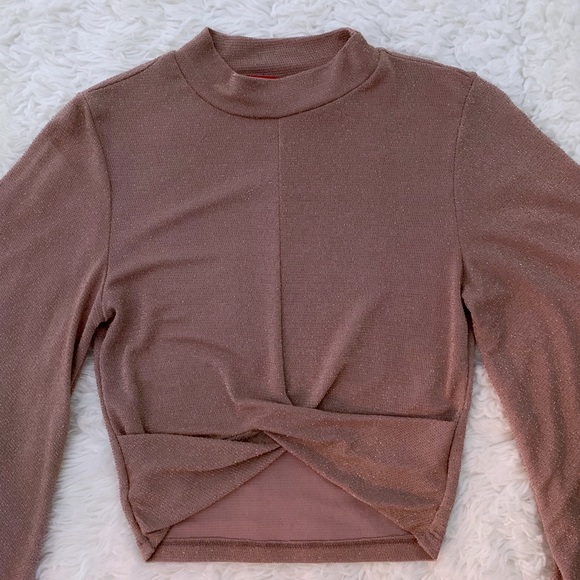 AKIRA 3/4 Wide Sleeve Mock Neck Knot Crop Top - Picture 3 of 7